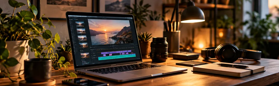 Accogliente studio creativo con portatile e cuffie